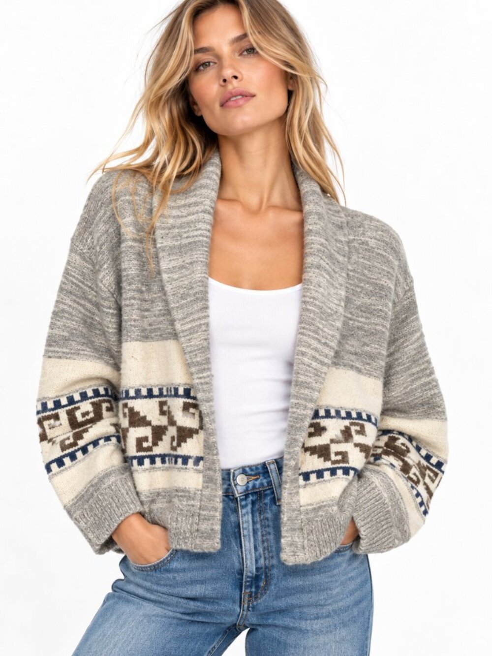 Lucky Brand Womens Gray Fair Isle Cardigan Medium Shawl Collar Southwestern Boho
